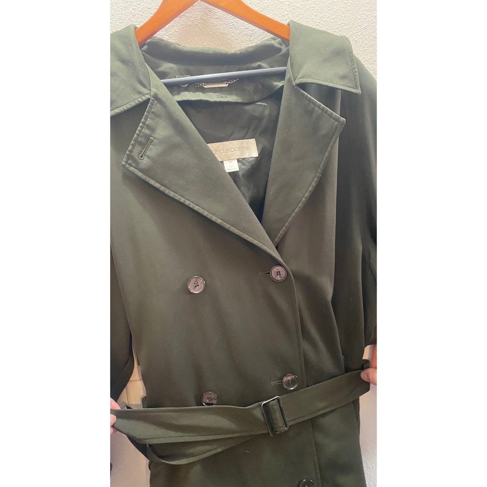Liz Claiborne Double Breasted Belted Trench Coat Olive Green Classic Women's 16